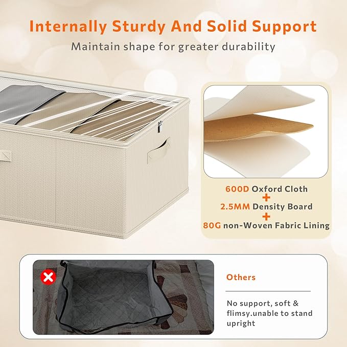 Chizjox 10inch 3 Pack Under Bed Storage Containers, 10 Inch Tall Underbed Clothes Storage Organizer Bin with Clear Window，Foldable Box Basket for Clothes, Closet, Bed Sheets and Blankets Beige