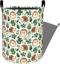 Cute Hedgehog with Green Leaf Laundry Basket with Handles, 19.7"x15.7" Clothes Foldable Forest Animal Laundry Hamper Organizer for Dorm Nursery Bedroom Bathroom Decor, Toy Storage Bin for Kids