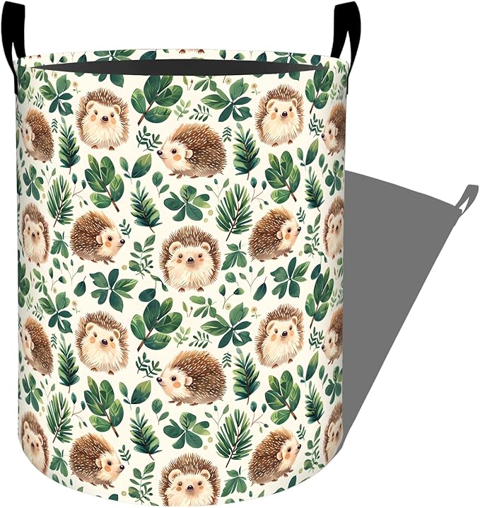 Cute Hedgehog with Green Leaf Laundry Basket with Handles, 19.7"x15.7" Clothes Foldable Forest Animal Laundry Hamper Organizer for Dorm Nursery Bedroom Bathroom Decor, Toy Storage Bin for Kids