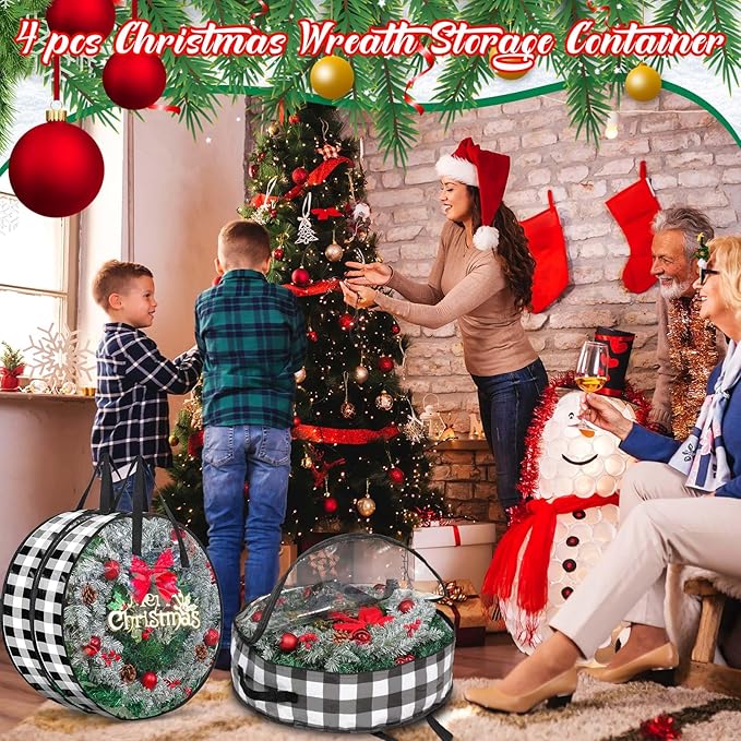 Shappy 4 Pcs Christmas Wreath Storage Bag Wreath Storage Container with Clear Window Plaid Wreath Storage Box with Handles for Storing Garland Holiday Wreath Wrapping(24 Inch,White Black)