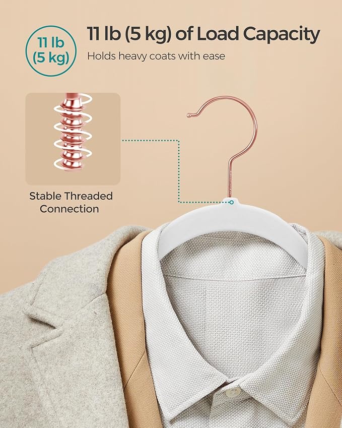 SONGMICS Slim Velvet Hangers, Non-Slip Clothes Hangers with Rose Gold Swivel Hooks, Space-Saving, for Closet, 100 Pack, White UCRF026W100