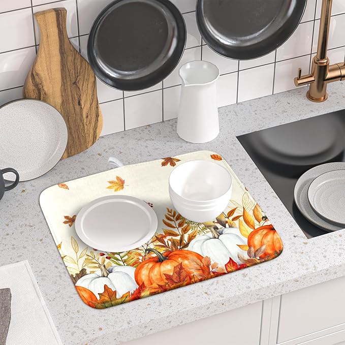 ABSOP Fall Dish Drying Mat for Kitchen Counter 16 x 18 Inch Orange Pumpkin Drying Mat Absorbent Reversible Microfiber Mats for Thanksgiving Decoration Dish Rack Pad Drainer Mat for Coffee Bar