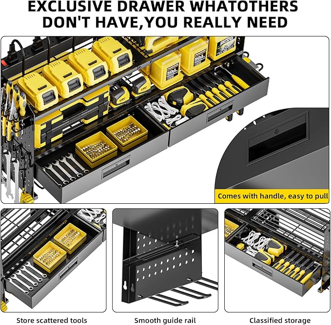 SEENWUUN Power Tool Organizer Wall Mount with Charging Station, 4 Layers Storage Rack with 9 Drill Holders & Battery Storage, Cordless Tool Organizer with 2 Drawers for Garage, Workshop & Tool Room