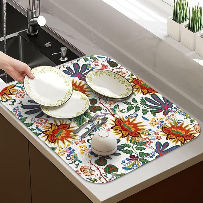 Quick Absorbent Kitchen Drying Mat - Stylish Patterns Dish Drying Mat- 16×18 Inch & 18×24 Inch Kitchen Drainer Mat for Countertops, Dishes & Glassware