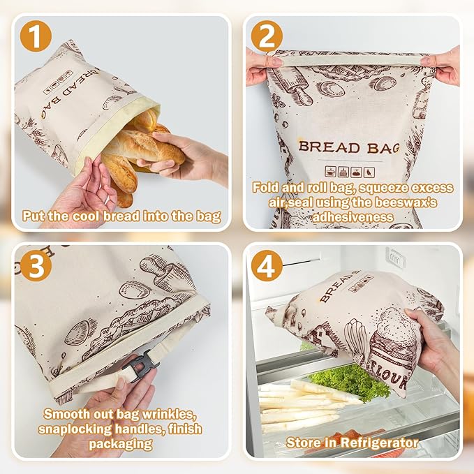 Beeswax Bread Bags for Homemade Bread, 2-Pack Reusable Sourdough Bread Storage Bags - 13x17 Inch Eco-Friendly Food Wrap, Linen Bread Bag Alternative, Beeswax Food Storage