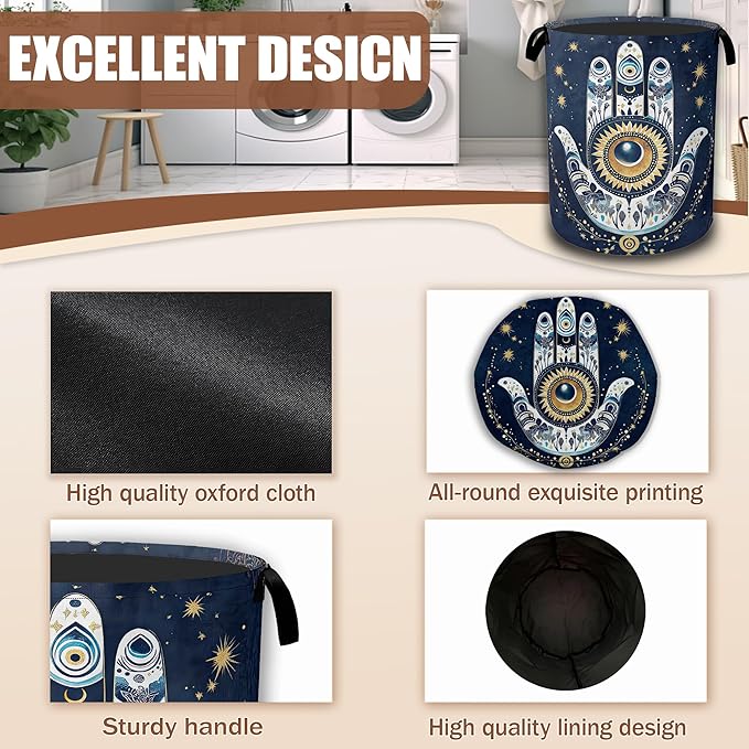 Blue Bohemia Evil Eye Laundry Baskets,Laundry Hamper,Storage Basket with Handles for Bathroom Bedroom College Dormitory Living Room Nursery Organizer 16"x20.8"
