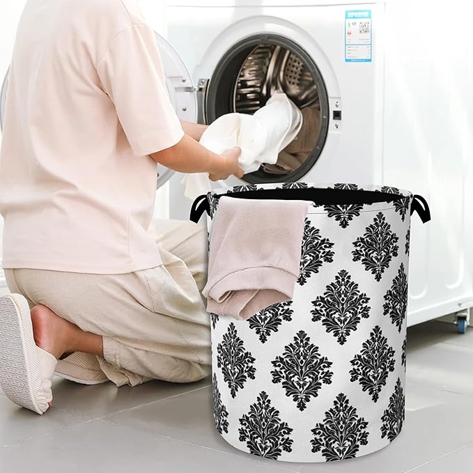 Vintage Damask Floral Laundry Basket,Oxford Cloth Laundry Hamper with Handle Foldable Portable Clothes Storage Basket for Bathroom Bedroom Dorm Room 16" x 20.8"