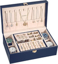 LANDICI Jewelry Box Organizer for Men Women, 2 Layer 4 Slot Watch Storage Case with Removable Tray, PU Leather Large Jewellery Holder Display for Watches Sunglasses Rings Earrings Necklace,Dark Blue