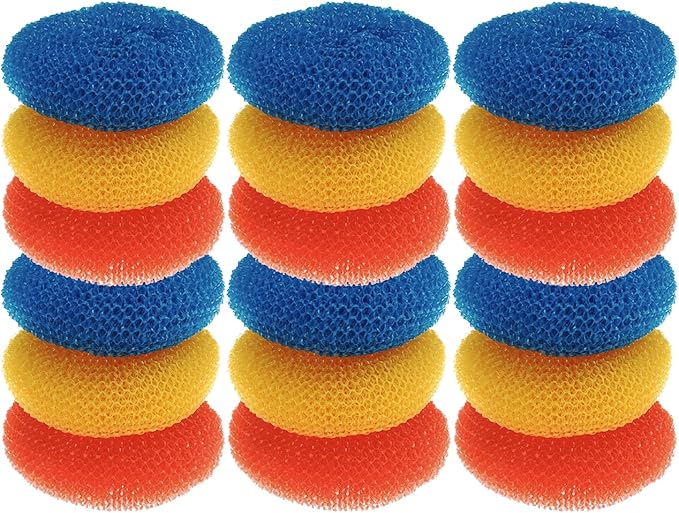 LOLA Plastic Mesh Scouring Pads - 18 Pack, 3.375" x 1.25", Non-Scratch Scrubbers to Clean Dishes, Assorted Colors - 1 Red, 1 Blue & 1 Yellow