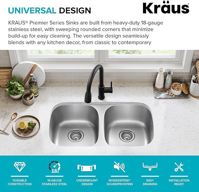 KRAUS Premier 32-inch Undermount 50/50 Double Bowl 18-Gauge Stainless Steel Kitchen Sink with Strainers (x2), KBU22