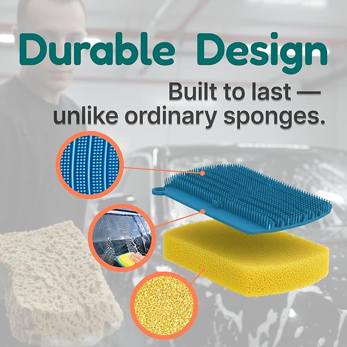 Flickly 3-in-1 Car Wash Sponge with Silicone Scrubber & Squeegee – All-in-One, Non-Scratch, Quick-Dry, Built to Last (Teal)