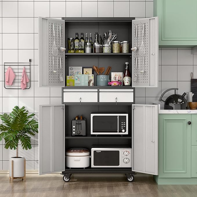 Aobabo Metal Storage Cabinet with Wheels, Garage Storage Cabinet with 2 Drawers and 2 Adjustable Shelves for Garage, Kitchen, Office, Assembly Required, Black Grey