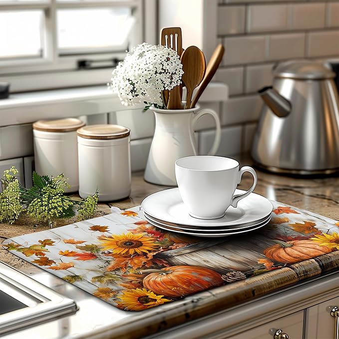 Wnoesat Fall Dish Drying Mat for Kitchen Counter Pumpkin Sunflower Maple Leaf Birds Drying Mats Autumn Thanksgiving Harvest Dish Drainer Mat Absorbent Microfiber Dishes Pad Large 18x24 Inch
