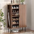 Shoe Storage Cabinet with Adjustable Shelves, 6-Tier Mid-Century Modern Shoe Organizer with Sliding Door, Shoe Storage Organizer for Entryway Hallway Living Room, Walnut