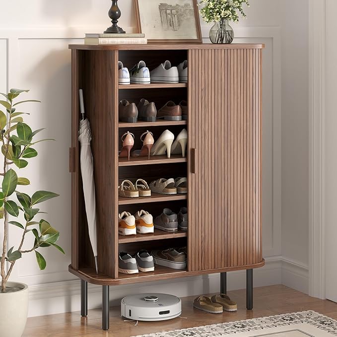Shoe Storage Cabinet with Adjustable Shelves, 6-Tier Mid-Century Modern Shoe Organizer with Sliding Door, Shoe Storage Organizer for Entryway Hallway Living Room, Walnut