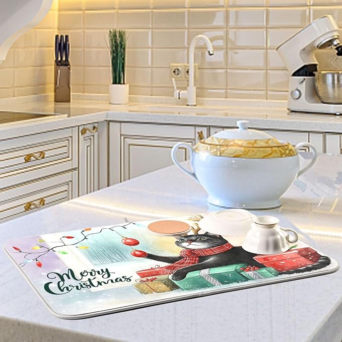 Merry Christmas Cat Dish Drying Mat for Kitchen Countertop 16x18 Winter Snow Kitty Xmas Reindeer Small Drying Mat Reusable Quick Dry Dish Sink Mats Easy Clean Decorative Essentials