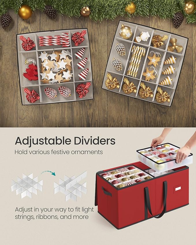 SONGMICS Christmas Ornament Storage Boxes, Set of 2, Dual Zippers, Stackable Christmas Storage Containers with Lid, 16 Trays, 600D Oxford, 3-Inch 256 Slots, Cherry Red URFB043R01