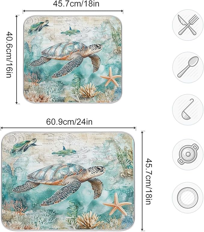 Nautical Theme Dish Drying Mat for Kitchen Counter Sea Horse Turtle Octopus Coastal Drying Mats Super Absorbent Reversible Microfiber Kitchen Countertop Protector Dishes Pad Large 18x24 inch