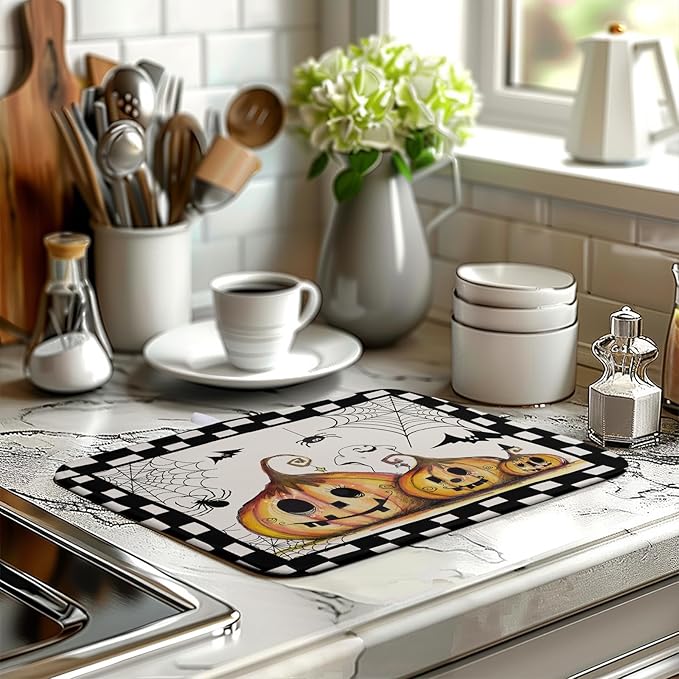 Wnoesat Halloween Kitchen Drying Mats for Dishes 16x18 In Orange Pumpkin Ghost Dish Drying Mat Black Bat Spiders Web Buffalo Plaid Dish Rack Mat Absorbent Microfiber Drying Pad for Kitchen Counter