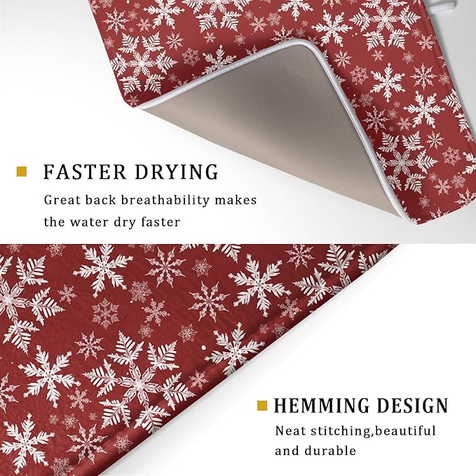 Christmas Dish Drying Mat for Kitchen Counter 24x18 Inch Xmas Snowflake Drying Mat with Absorbent Reversible Microfiber Red Dish Drainer Mats Rack Pad for Coffee Countertop Protector