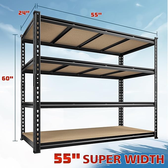 DurayLoly 55" W Storage Shelves, 2040LBS Garage Shelving Heavy Duty, 4-Tier Storage Shelving, Adjustable Metal Shelving Unit for Garage, Warehouse, Pantry, Kitchen, 55" W × 24" D × 60" H