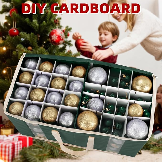 inin Christmas Ornament Storage Box with Adjustable Dividers,Christmas Ornaments Organizer with Zipper,Storage Container Bin with Side Pockets for Holiday Decorations(128 Ball, Green, Without Tray)