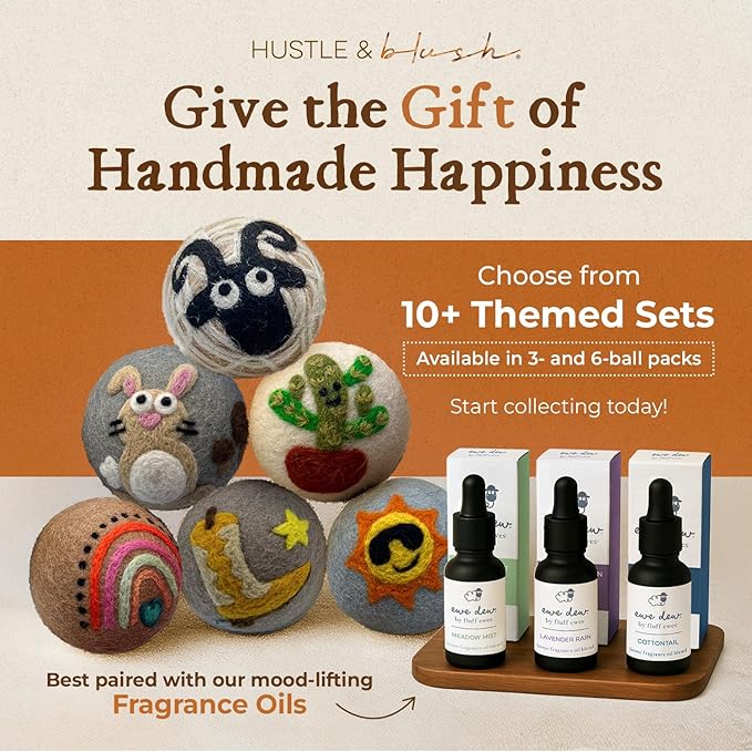 Hustle & Blush Fluff Ewes Wool Dryer Balls 3 Pack - Extra Large Darks Premium Hand Needled New Zealand Laundry Set, Reduces Drying Time, Static Control, Chemical Free Reusable for Essential Oils