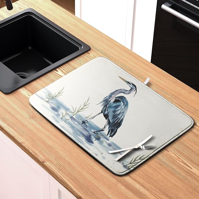 Kwlegh Summer Dish Drying Mat Blue White Heron Beach Absorbent Microfiber Drying Mats for Kitchen Counter Coastal Nautical Birds Dishes Drainer Mat Extra Large 18x24 Inch