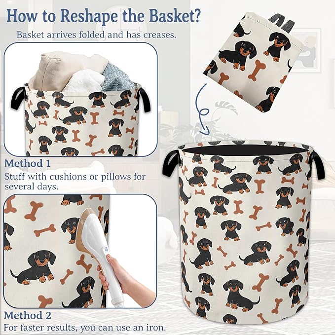 Cute Dachshund Laundry Basket,Foldable Oxford Cloth Bone Laundry Hamper With Handle, 20.8"x16" Portable Clothes Storage Basket Bag for Laundry Room/Bathroom/Bedroom/Dormitories