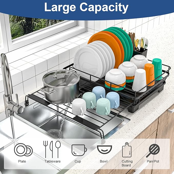 ULAIHOMN Extendable Dish Drying Rack for Kitchen Counter, Rustproof Stainless Steel Dish Rack with 360° Swivel Spout, Large Capacity Expandable Sink Drainer for Bowls, Pots, Silverware - Black