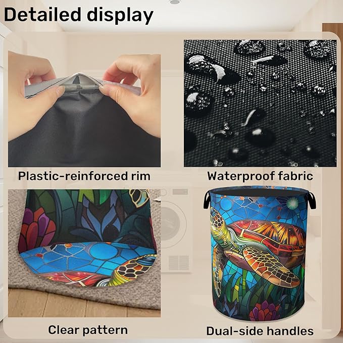 Sea Turtle Foldable Canvas Laundry Basket with Handles - Toy Organizer, Heavy Duty for Home，Bedroom, Dorm, Bathroom