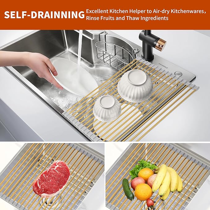 HAYAWEY Extra Large Golden Roll-UP Dish Drying Rack-Stainless Steel Dish Drainer Over The Sink for Kitchen Countertop,Applicable for Sink Width Less Than 19in (Gold,20.5'x 13.2')