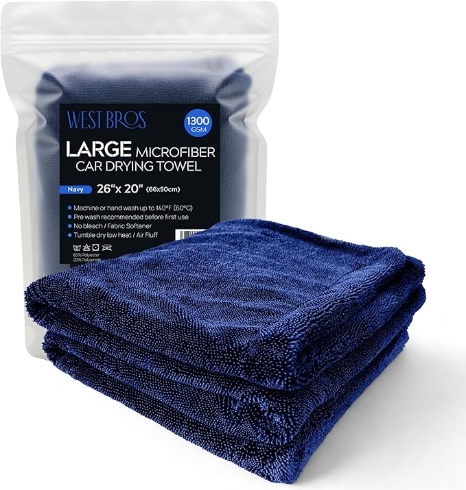WEST BROS Large Car Drying Towel, 1300 GSM Professional Car Towel with Double Twisted Loop,Super Absorbent Large Microfiber Drying Towels for Cars, Trucks, SUVs - 20"x26", Navy