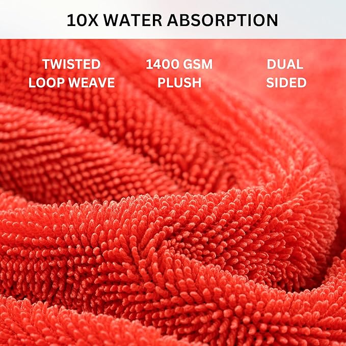 The Pro Stuff® Auto Drying Towel for Car - 1400 GSM Super Absorbent | Extra-Large 24×36 inch (2×3 ft) | Twisted Loop Microfiber | Dual-Sided Lint-Free Scratch-Free Edgeless Design | Resealable Bag