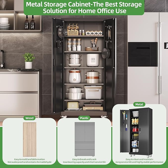 71" H Garage Storage Cabinet with Wheels and Pegboard,Lockable Metal Storage Cabinet with 5 Adjustable Shelves and Door for Garage, Office, Home, Assembly Required，Black