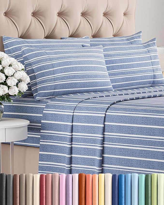 King 6 Piece Sheet Set - Comfy Breathable & Cooling - Soft Hotel Luxury Bedding Set with 8-16 Inch Deep Pockets - 1 Flat & 1 Fitted Sheet & 4 Pillowcases - Wrinkle Free & Easy Care - Blue Stripes 3