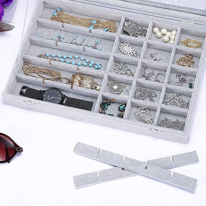 Jewelry Organizer Tray with Clear Lid 30 Grid Velvet Drawer Insert Jewelry Storage box with Glass lid Display Case Store Showcase Holder with Lock Gifts for Women(Grey, 30 Grid)
