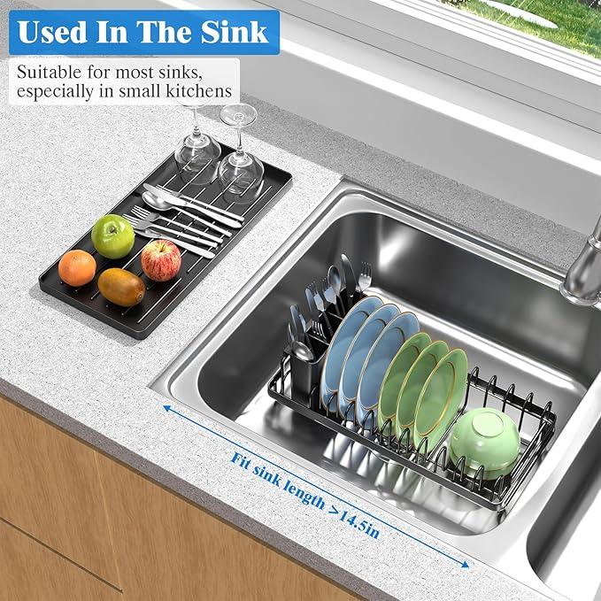 CHLORYARD Small Dish Drying Rack Over The Sink, Compact Dish Rack with Silicone Mat for Kitchen Counter, Expandable Dish Drainers Drying Rack Used in Sink & on Countertop, Black
