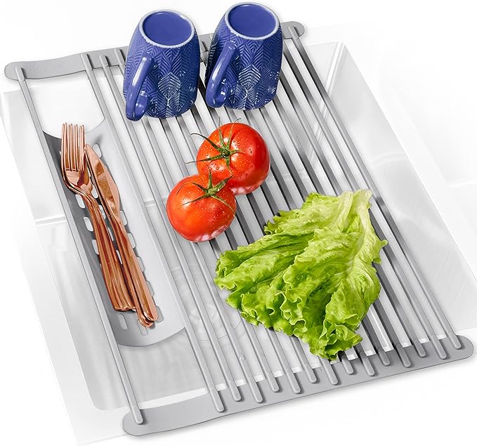 BELLE TERRE Multipurpose Roll-Up Dish Drying Rack - Silicone Wrapped, Heat-Resistant, Anti-Slip - Perfect for Small Kitchen Sink, 17" x 13"