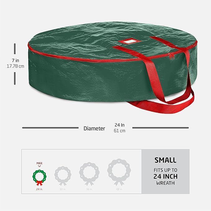 ZOBER Christmas Wreath Storage Container 24 Inch - Wreath Bag for Artificial Wreaths Box - Dual Zippered Wreaths Storage Bag with Strong Durable Handles - Green
