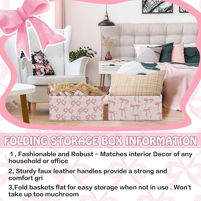 Boao 3 Pcs Coquette Pink Bow Storage Bin Collapsible Large Storage Baskets for Gifts Empty Candy Holiday Decor Canvas Laundry Basket Foldable Box with Handle for Office Home Bedroom Clothes