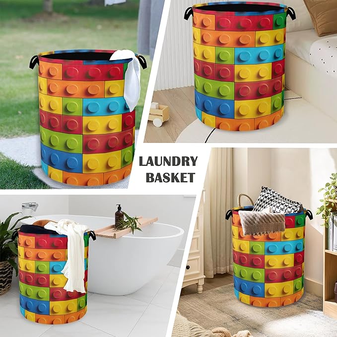 Colorful Building Blocks Laundry Hamper,Dirty Clothes Laundry Basket with Handles Waterproof Oxford Cloth Storage Basket for College Dorms Bathroom Bedroom 16" x 20.8"