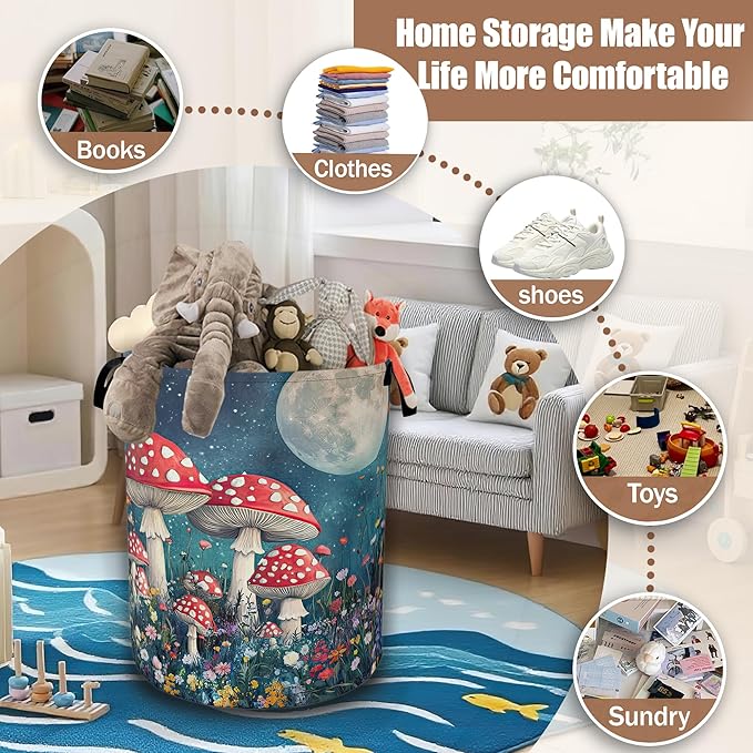 Groovy Mushroom Laundry Basket,Night Sky Moon Collapsible Laundry Hamper Waterproof Oxford Cloth With Handles, Clothes Storage Bucket Toy Organizer For Bathroom/Nursery/Bedroom 16" x 20.8"