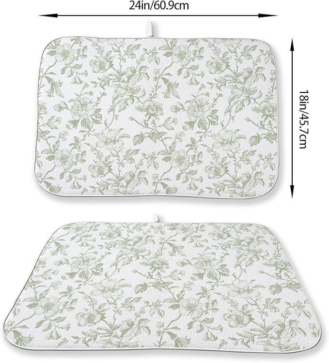 Sage Green Floral Dish Drying Mat 18 x 24 Inch Vintage Light Green Floral Drying Mat for Kitchen Counter Absorbent Spring Summer Flowers Dishes Dry Pad for Drainer Rack Kitchen Fast Dry