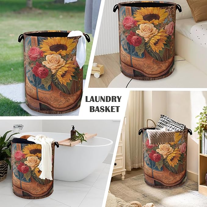 Cowboy Boots Laundry Basket,Wooden Sunflowers Foldable Oxford Cloth Tote Bag Laundry Hamper Clothes Storage Bucket Organizer for Bedroom Laundry Storage Dormitories 16" x 20.8"