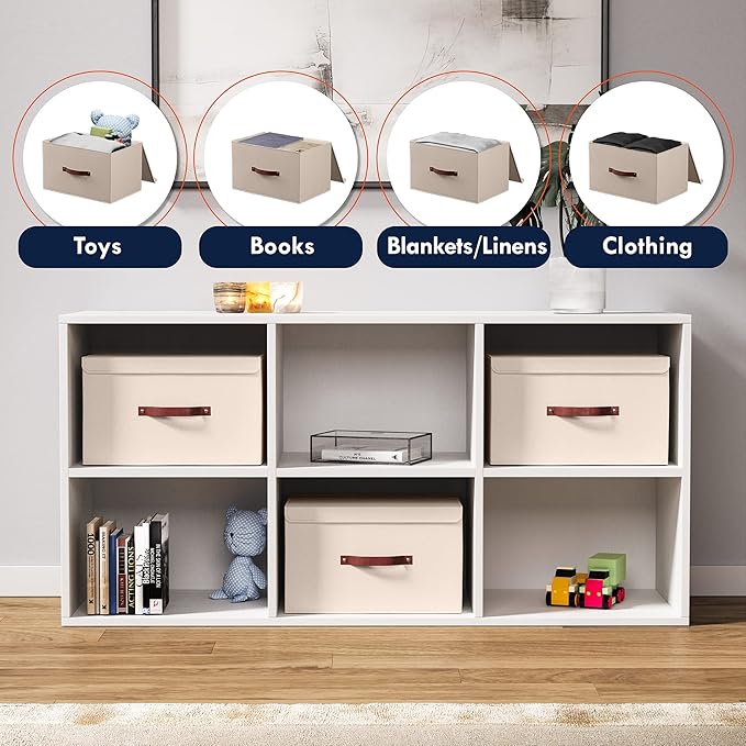 Ornavo Home 3 Pack Collapsible Storage Bins with Lid, Foldable Linen Fabric Shelf Storage Basket Closet Organizer and Large Storage Box for Clothes with Leather Handles, 16.5 x 11.8 x 7.5, Beige