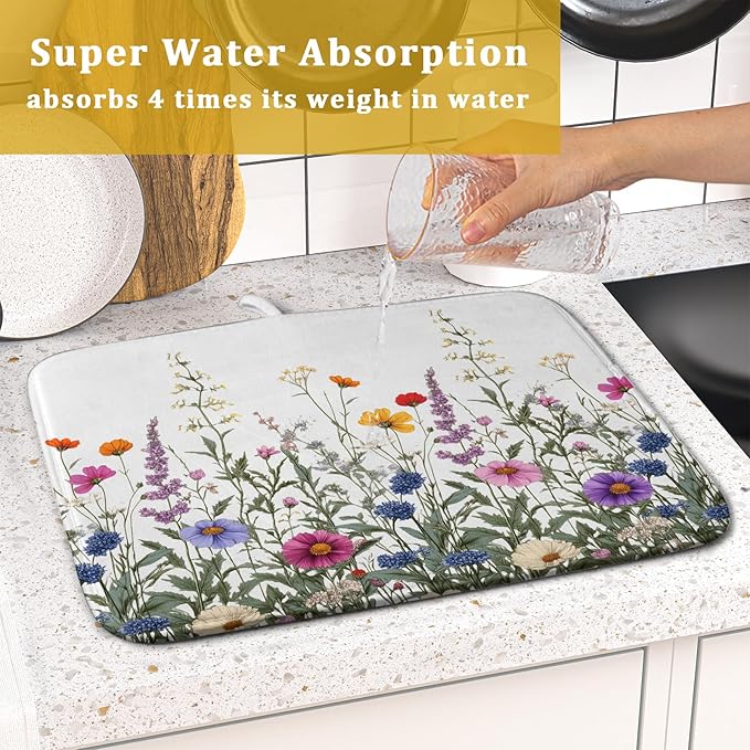 Giwawa Flower Herbs Dish Drying Mat Botanical Plant Dishes Drainer Mat 16x18 inch Reversible Microfiber Drying Dish Pad for Kitchen Counter Decor