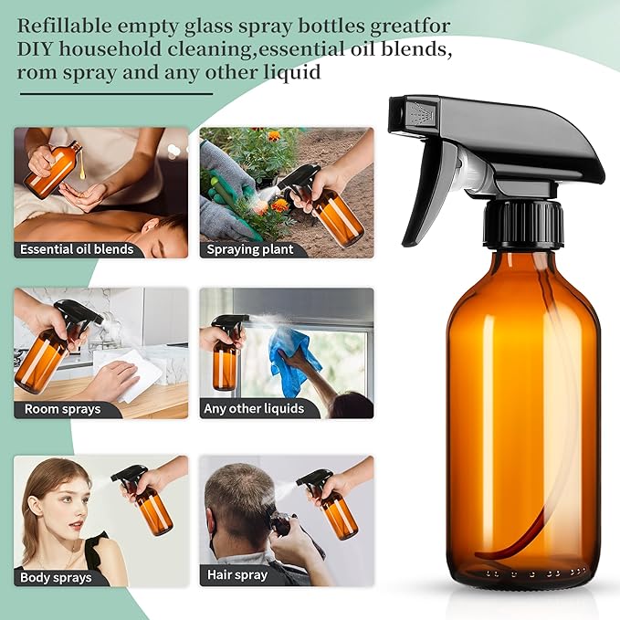 8oz Amber Glass Spray Bottles,3 Pack Glass Spray Bottles Refillable Empty Bottle with Adjustable Nozzle,Spray Bottle for Essential Oils,Cleaning Solutions,Pets,Hair Mister,Gardening