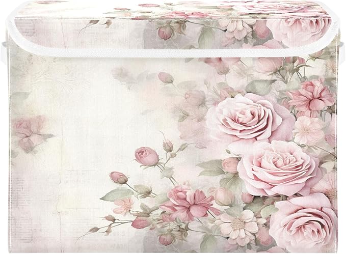 senya Flower Baskets Collapsible Storage Bins with Lids, Vintage Pink Rose Storage Boxes Clothes Baskets for Organizing, B06D22020
