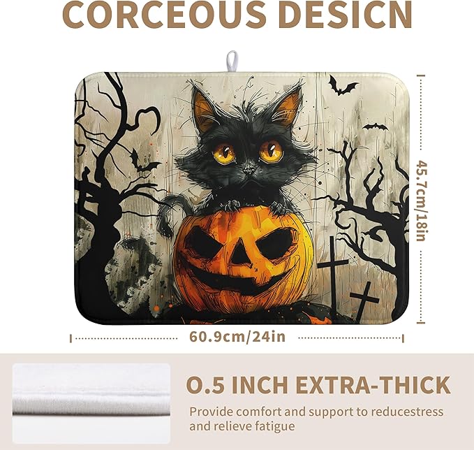 Wnoesat Black Cat Fall Pumpkin Dish Drying Mat 18x24 - Super Absorbent Drying Pads for Kitchen Counter - Happy Halloween Bat Branch Large Microfiber Dishes Drying Mats
